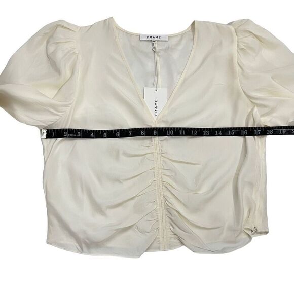 Frame NEW !! Long-Sleeve Ruched Silk Blouse Off-White V-Neck Size Medium - Picture 10 of 14